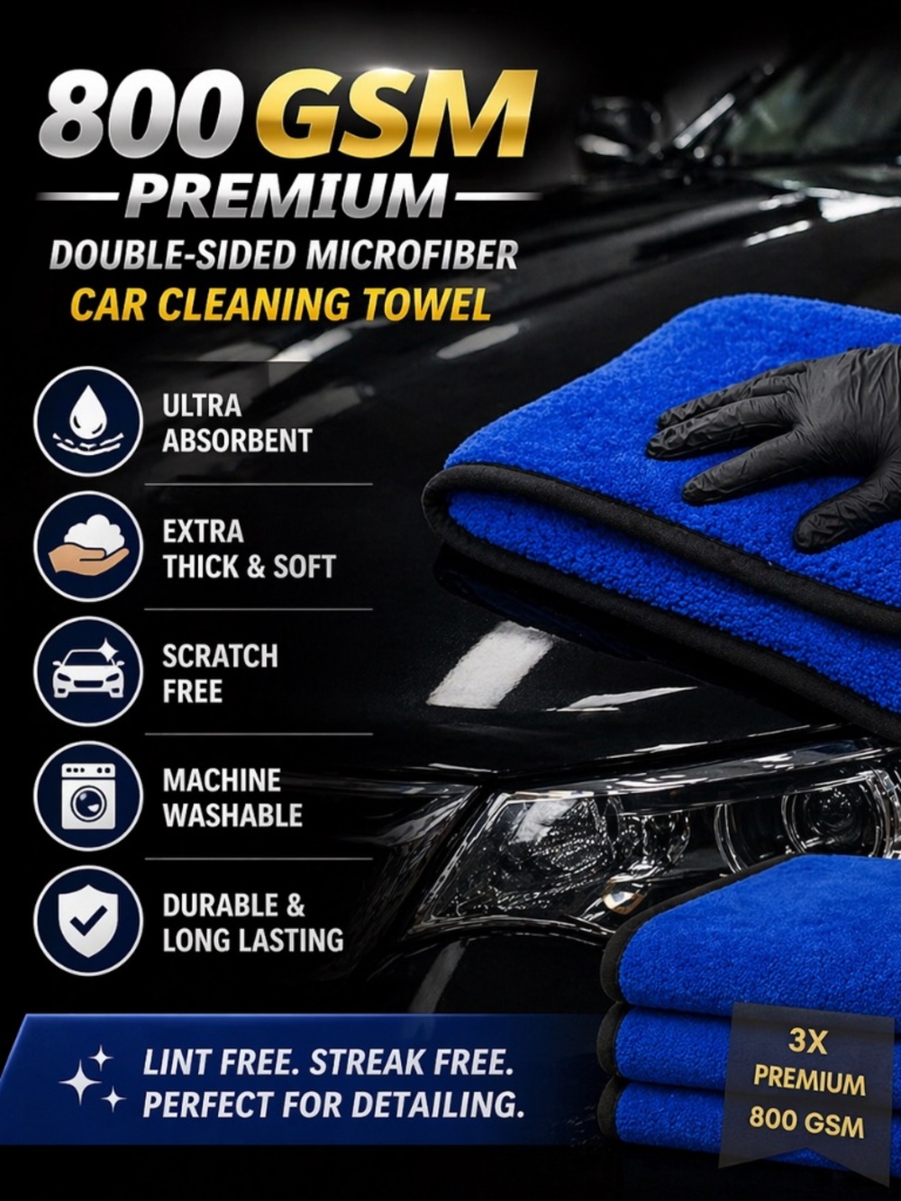 MAHD 800 GSM Premium Double-Sided Microfiber Car Cleaning Towel, 3-pack, 15x24”